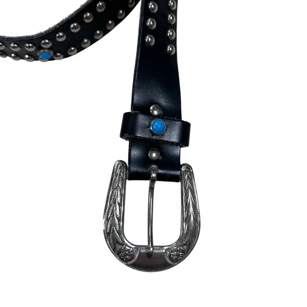 Omega Girls Leather Belt Cowgirl Studded Black Silver Turquoise Like Rodeo Weste